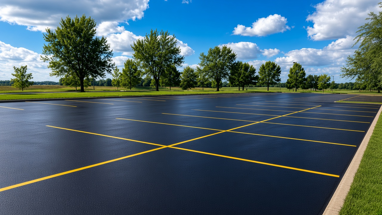 Empty dark asphalt lot with yellow grid lines under a blue sky, bordered by trees