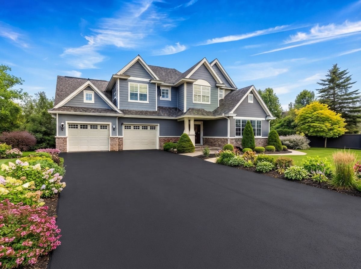 Large gray suburban house with a three-car garage, landscaped yard, and wide black driveway