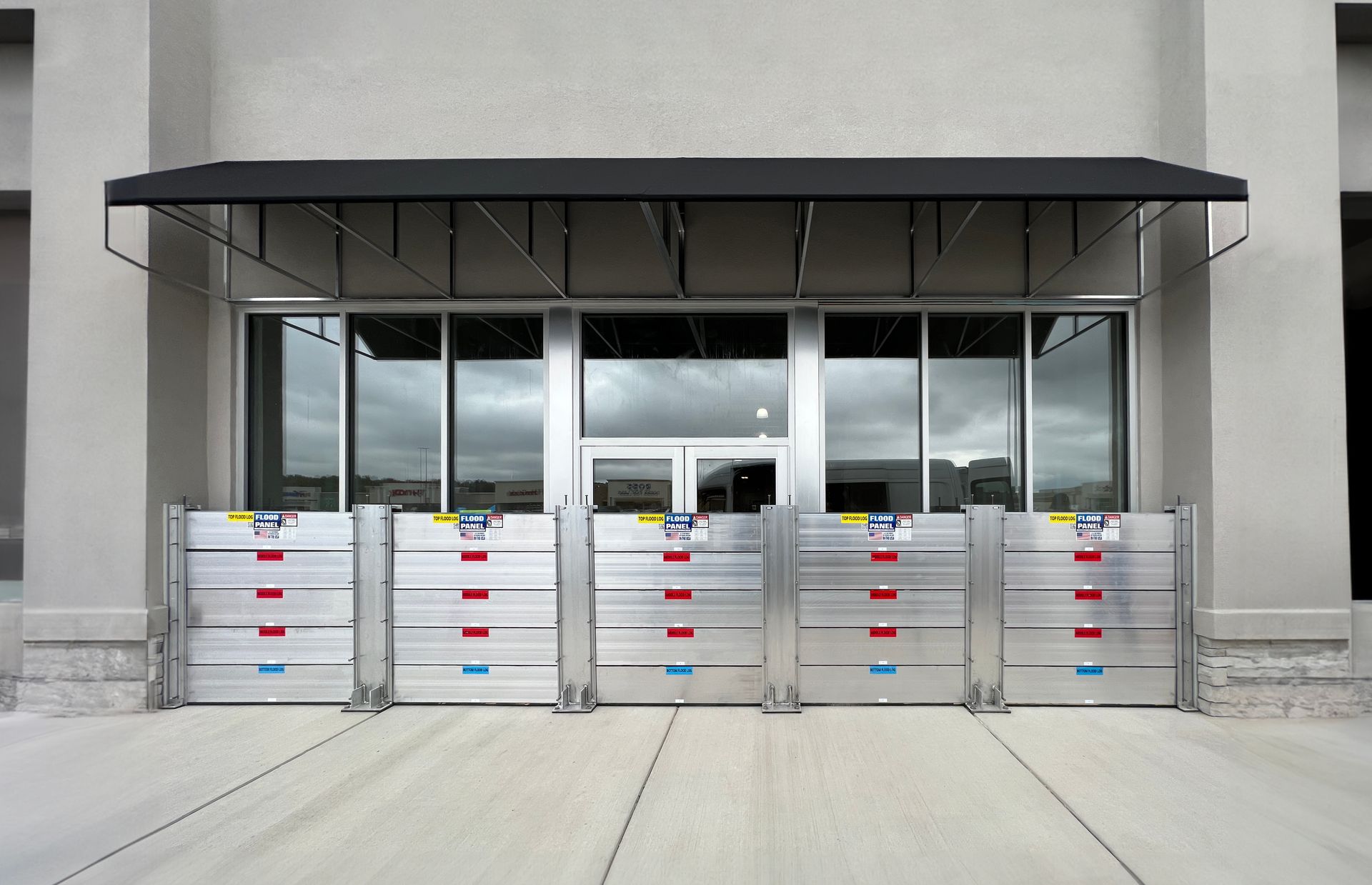 A building with flood barriers in front of it