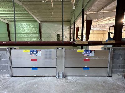 There are two flood barriers in the middle of a building.