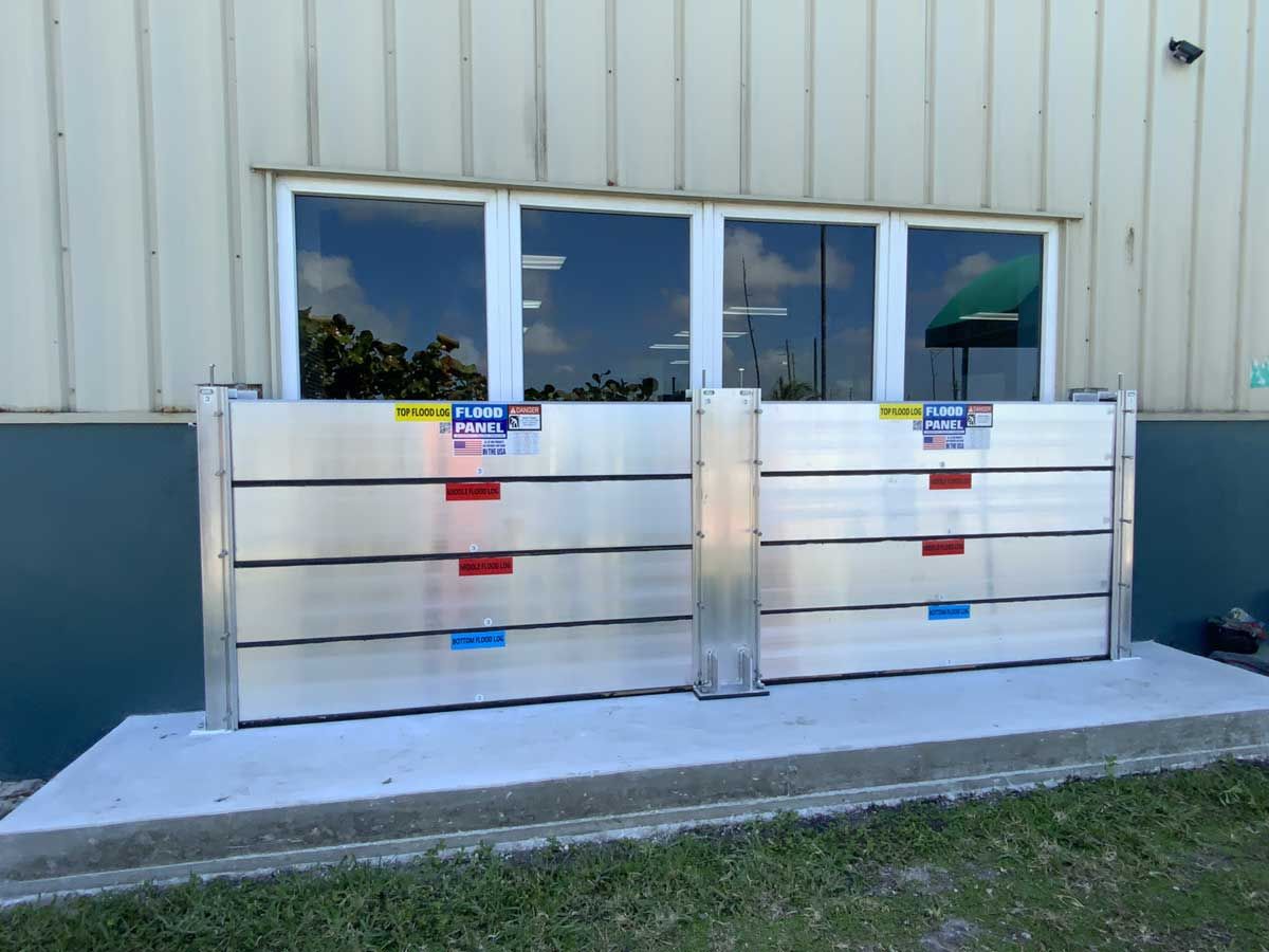 A building with a flood barrier in front of it