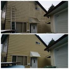 a before and after picture of a house with a ladder on the side of it .