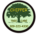 The logo for chipper tree care shows a tree in a circle.