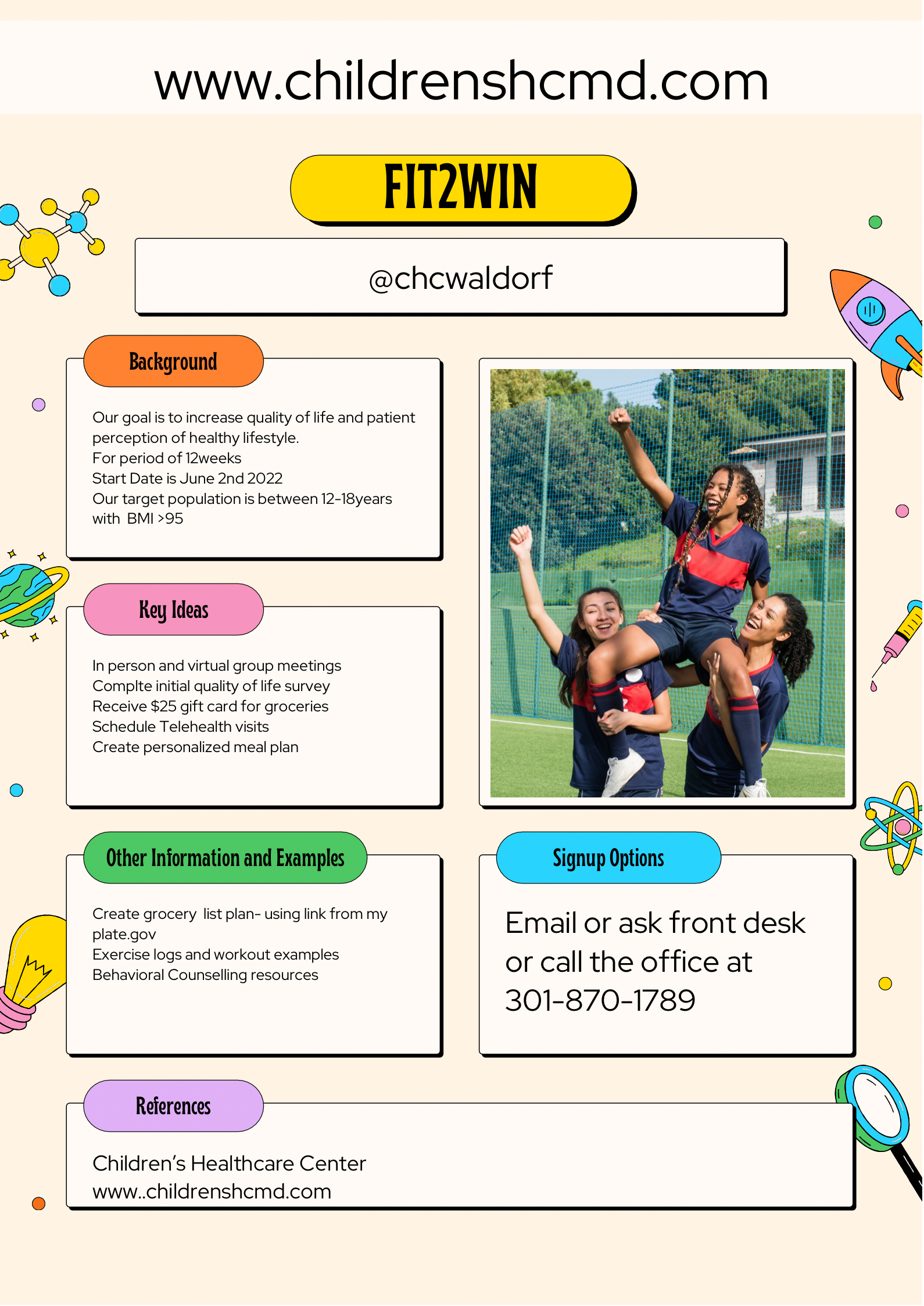 Children's ministry flyer with colorful boxes and a family photo, titled “FITZWIN” with website at top