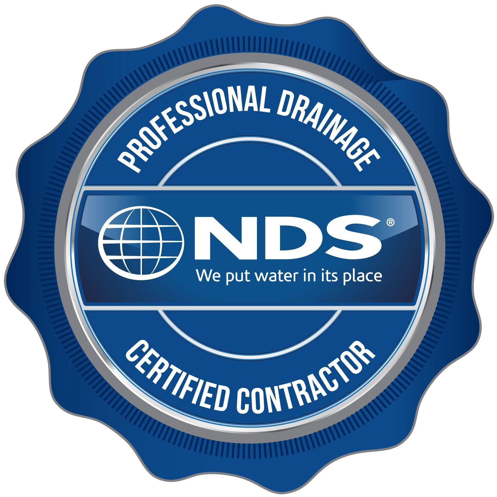 Blue and white NDS Professional Drainage Certified Contractor seal with a globe icon.