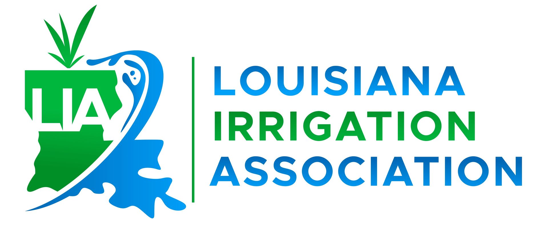 Logo for Louisiana Irrigation Association. It features a green and blue Louisiana outline, with LIA and an illustration of water and blades of grass.