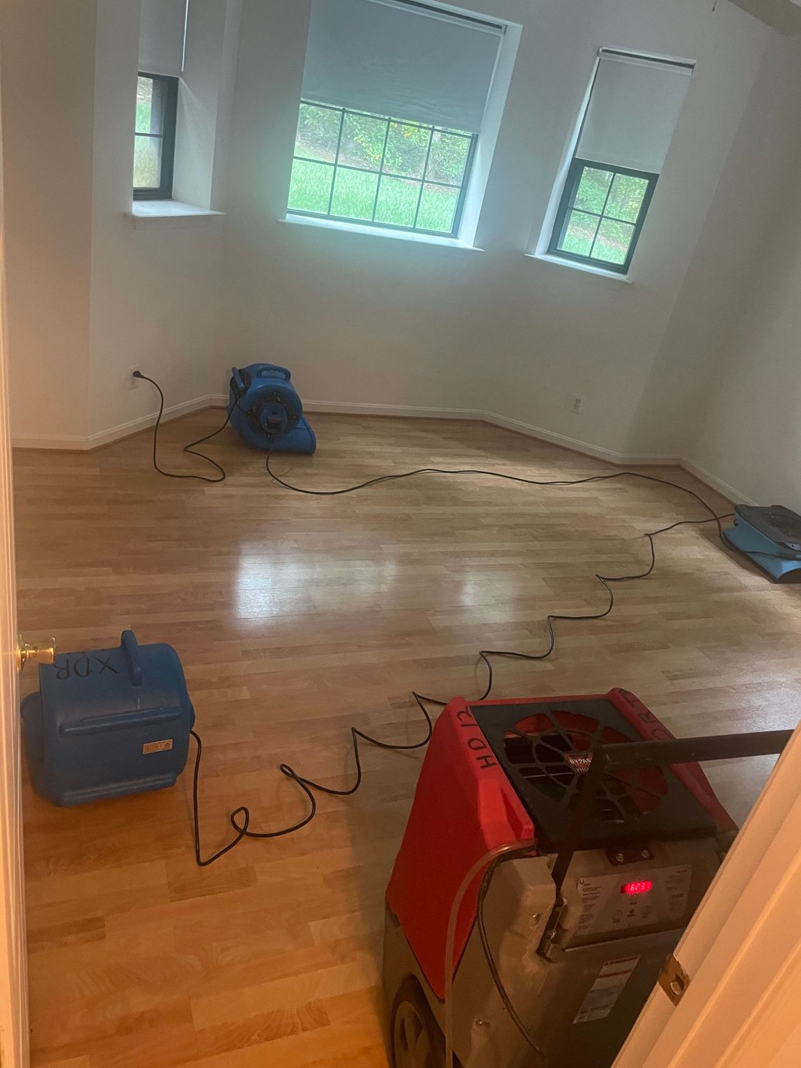A room with hardwood floors and a vacuum cleaner on the floor.