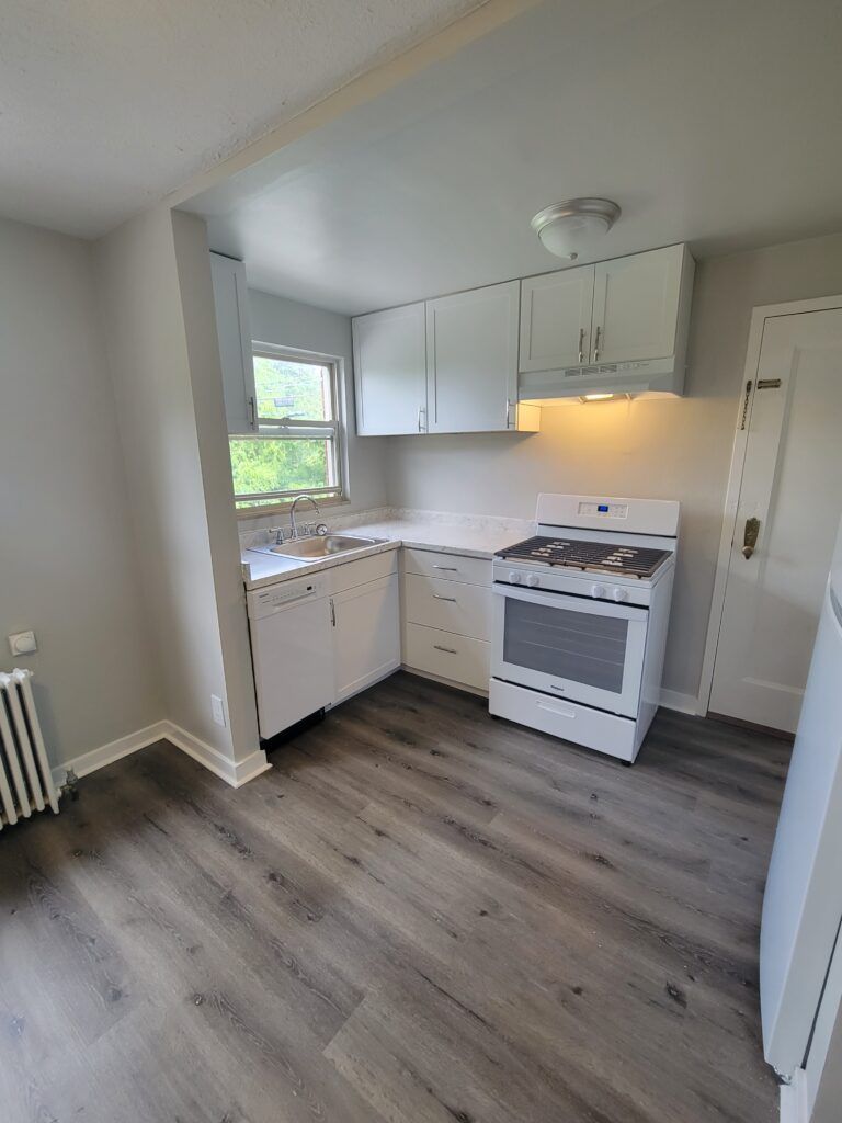 A kitchen with a stove , sink , cabinets and hardwood floors.