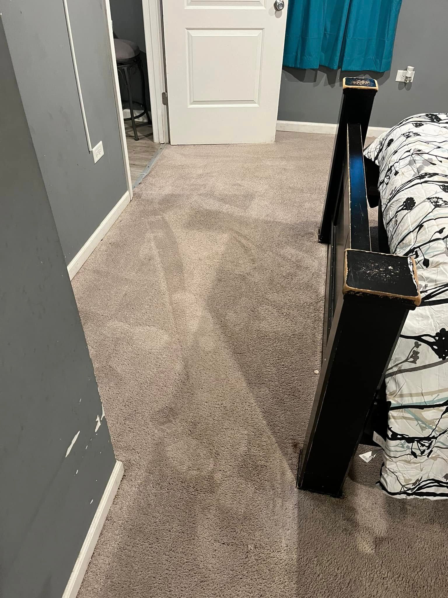 Carpeted bedroom hallway with an open door, gray walls, and a black bed frame beside the walkway