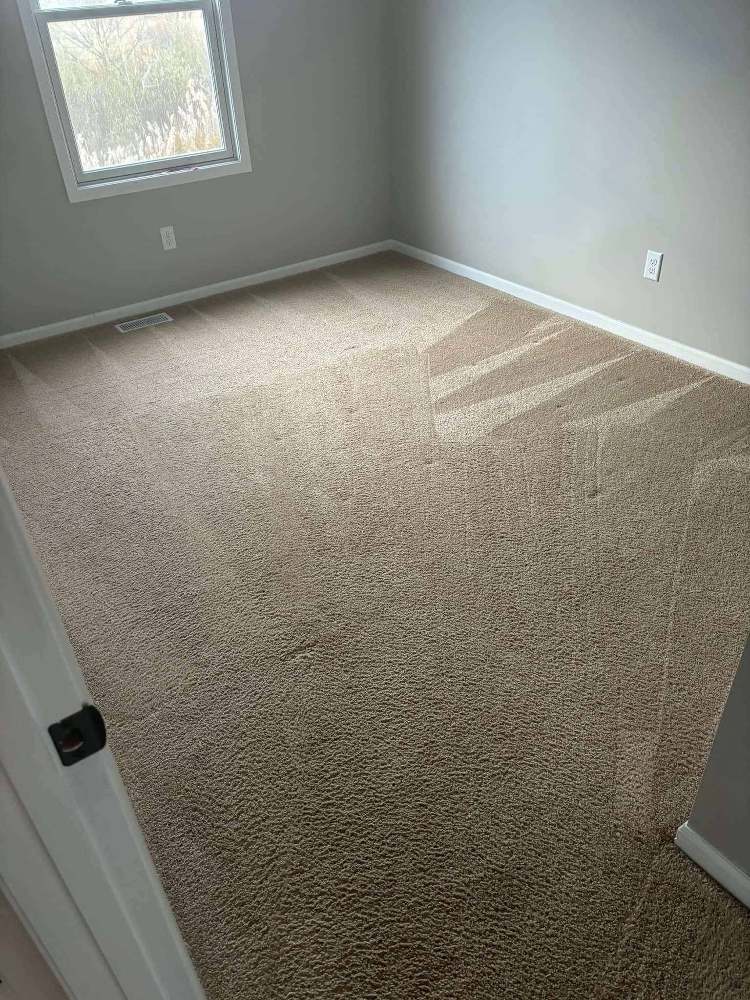 Empty beige-carpeted bedroom with gray walls and a small window.