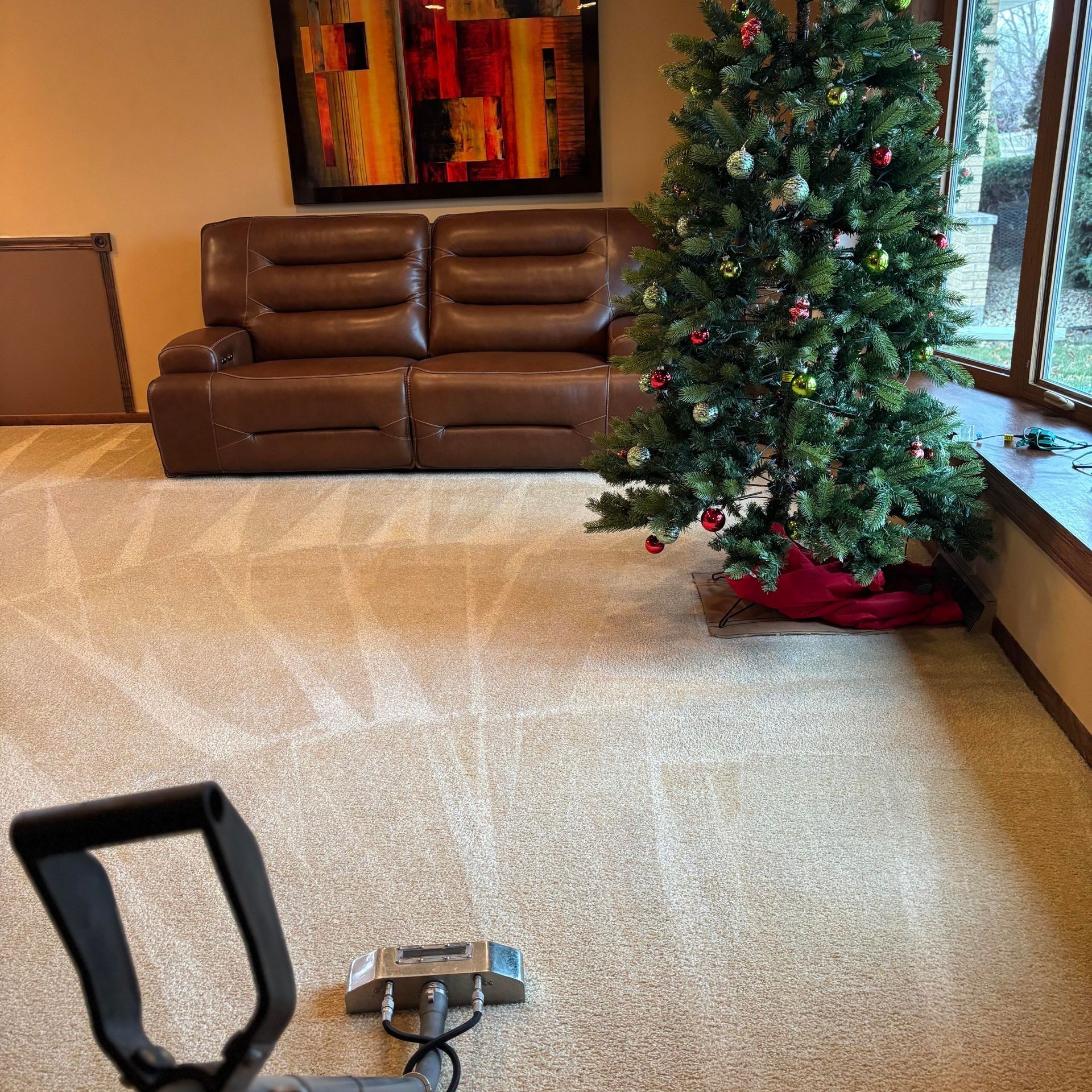 Living room with brown loveseat, beige carpet, wall art, and a decorated Christmas tree by the window