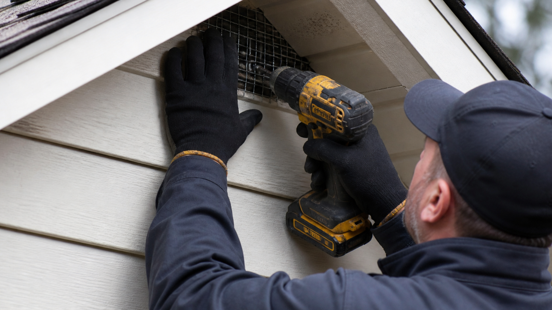 Worker installing metal mesh in roof vent with a cordless drill, wearing gloves and a cap.