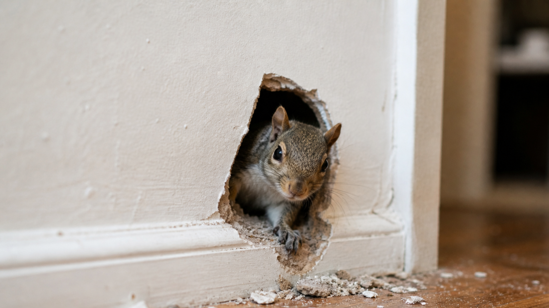 Squirrel peeking out of a hole in an indoor wall with debris on the floor