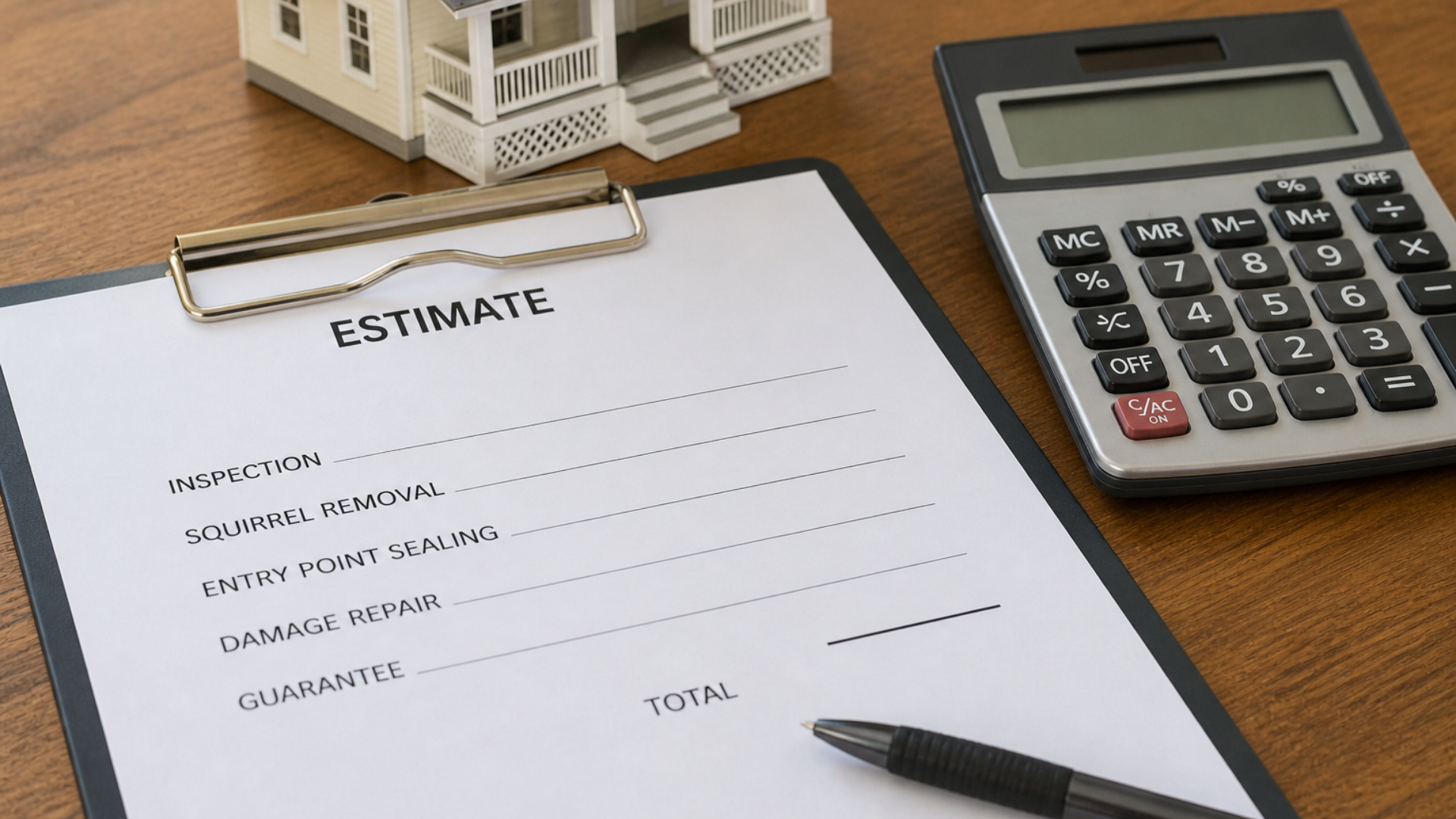 Estimate form on a desk beside a calculator, model house, and pen.