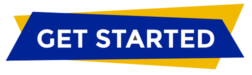 a blue and yellow get started button on a white background .