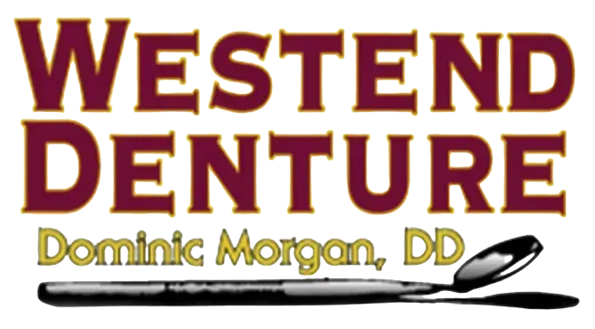 Westend Denture logo with maroon text, gold “Dominic Morgan, DD,” and a black dental tool graphic