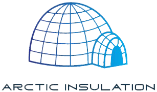 The logo for Arctic Insulation in Houston, TX Blue outline of two igloos with the text