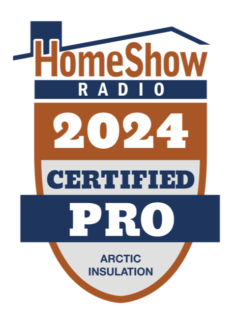 Logo for HomeShow Radio: 2024 Certified Pro, Arctic Insulation, blue, brown, and white badge.