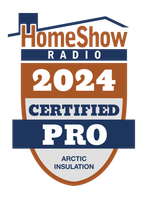 Logo for HomeShow Radio: 2024 Certified Pro, Arctic Insulation, blue, brown, and white badge.