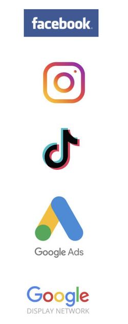 Columna vertical de logotipos de redes sociales y plataformas publicitarias: Facebook, Instagram, TikTok, Google Ads y Google.