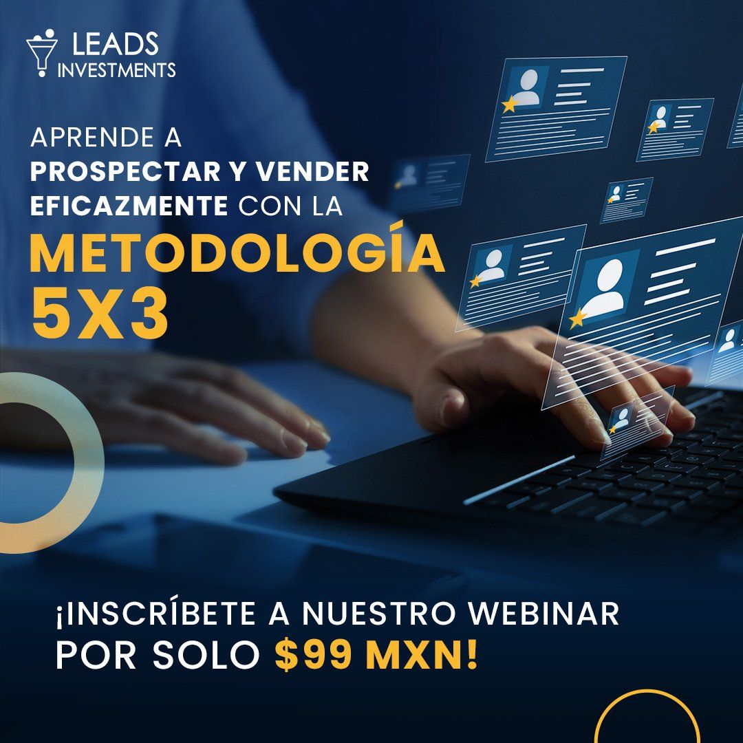 Anuncio de webinar de Leads Investments sobre la metodología 5x3, con una laptop y texto promocional en azul y dorado.