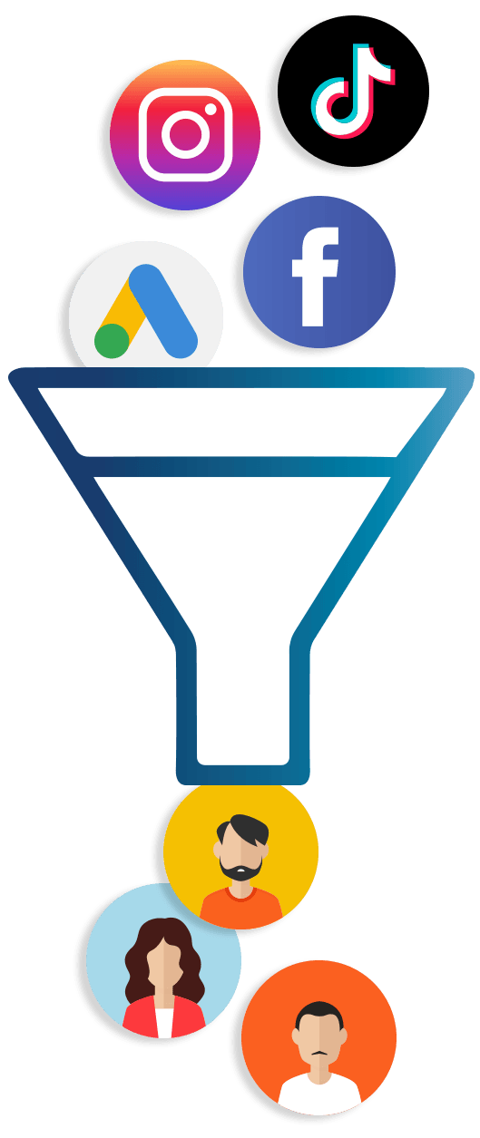 Iconos de redes sociales que desembocan en iconos de perfiles de clientes, mostrando un embudo de generación de leads