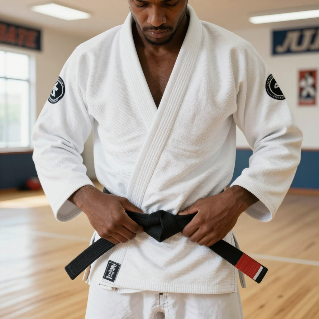 Martial artist tying a black belt on a white gi in a dojo