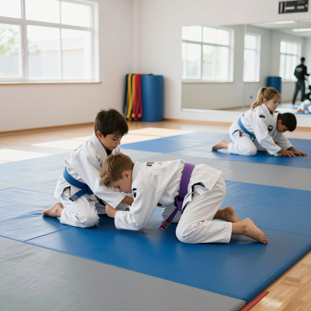 Children practicing jiu-jitsu on blue mats in a bright training studio