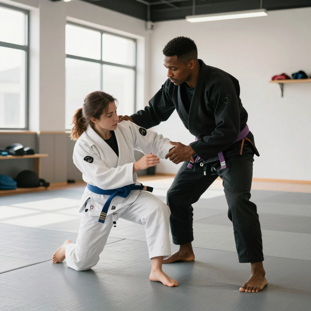 Two martial artists practicing grappling on a mat in a bright dojo