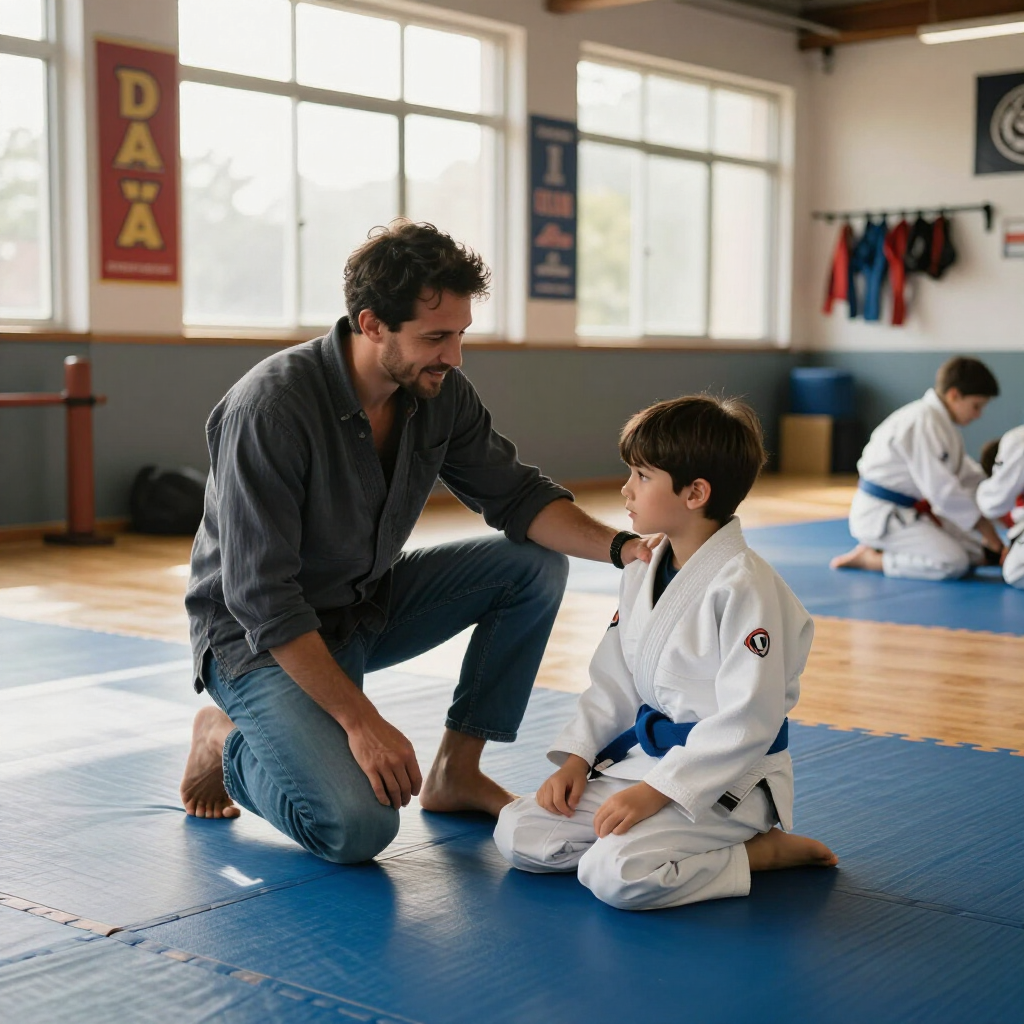 Instructor kneeling beside child in white gi during martial arts lesson on blue mat in a dojo