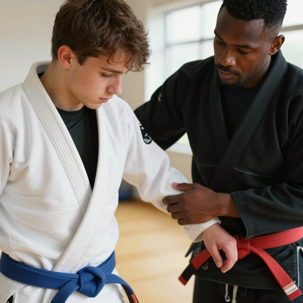 Two martial arts students in white and black gis practicing a belt adjustment indoors