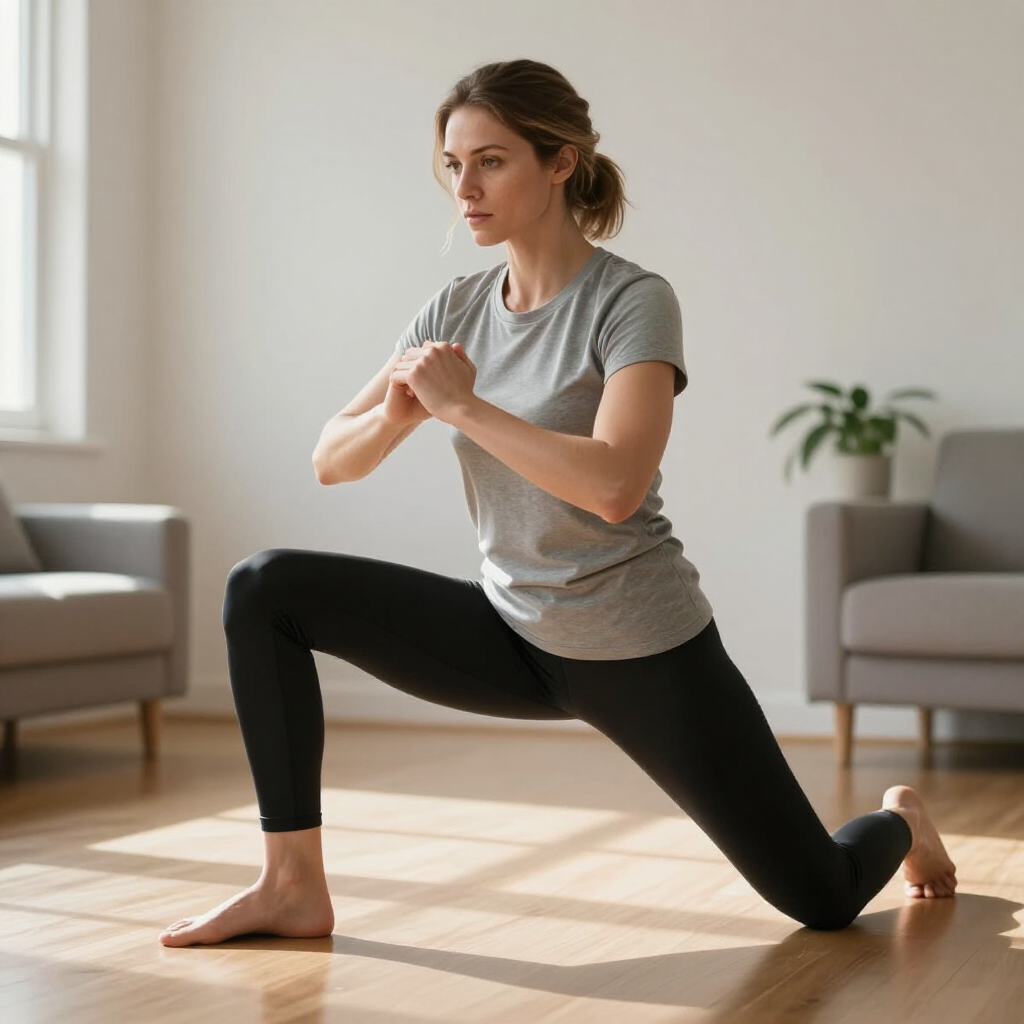 Woman in gray shirt and black leggings in a lunging stretch on a sunlit living room floor