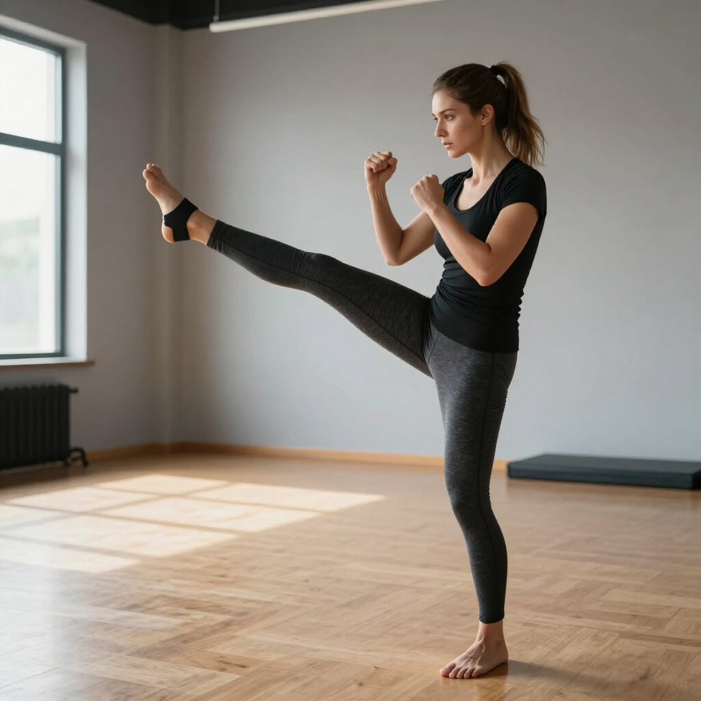 Woman practicing a high kick in a sunlit yoga studio with wooden floors.