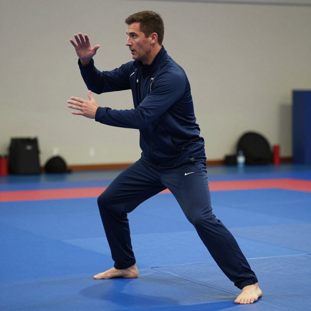 Man in navy tracksuit practicing a martial arts stance on blue gym mats