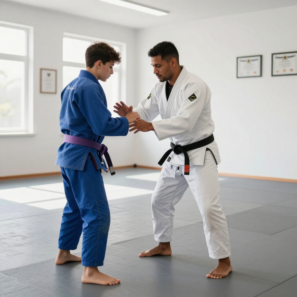 Two judo practitioners in blue and white gis practicing grips on a mat in a bright dojo