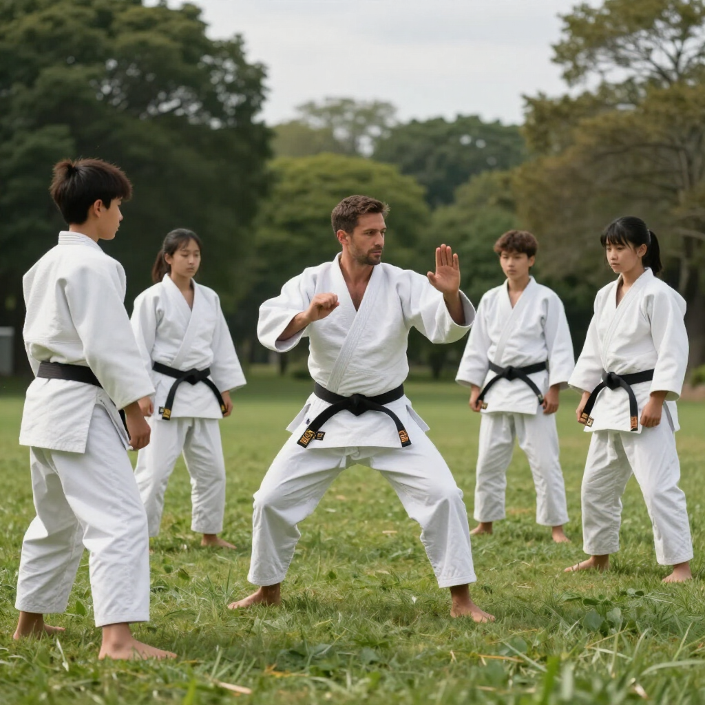 Karate instructor demonstrating stance to students in white uniforms on a grassy outdoor field