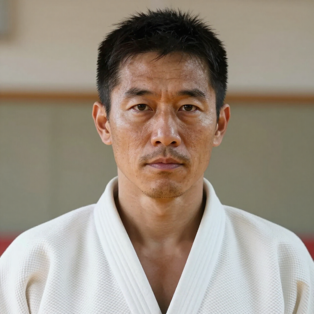 Man in a white martial arts gi standing indoors, facing the camera with a neutral expression