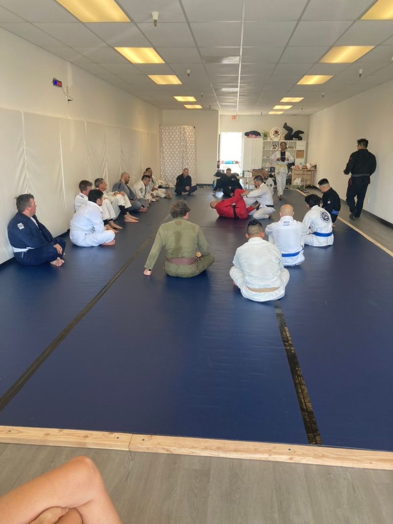 Martial arts class seated on blue mats in a bright studio, instructor at the front.