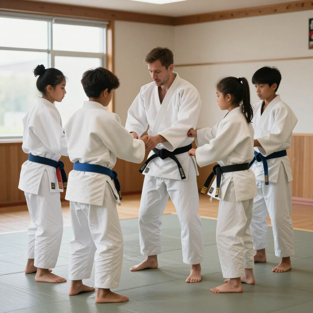 Martial arts instructor in white gi teaching a group of students in a dojo