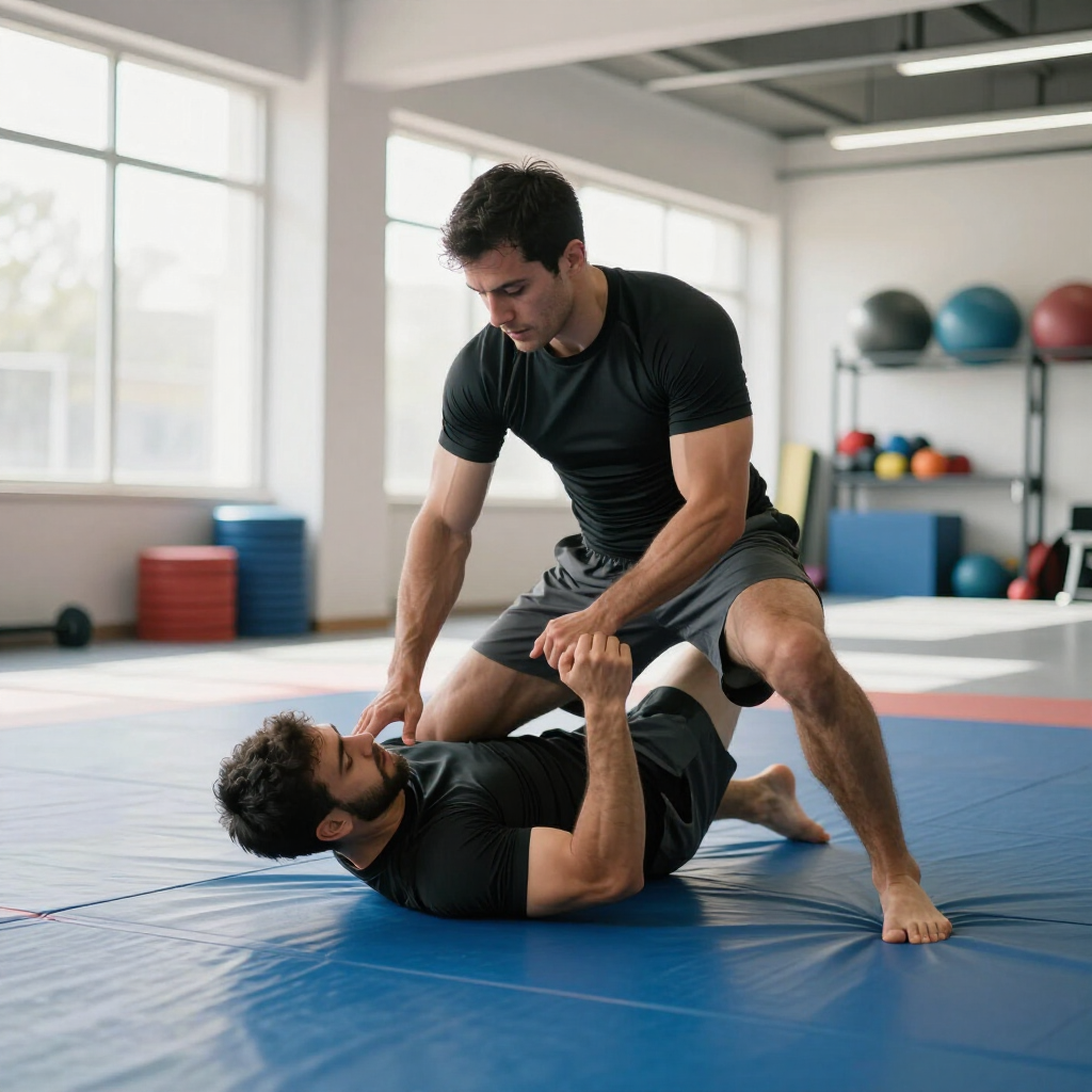 Two men practicing grappling on blue mats in a bright gym