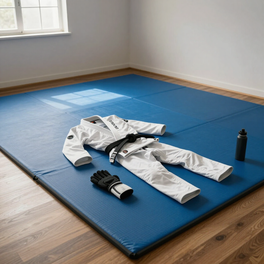 White martial arts gi, black gloves, and water bottle on a blue mat in a sunlit room.