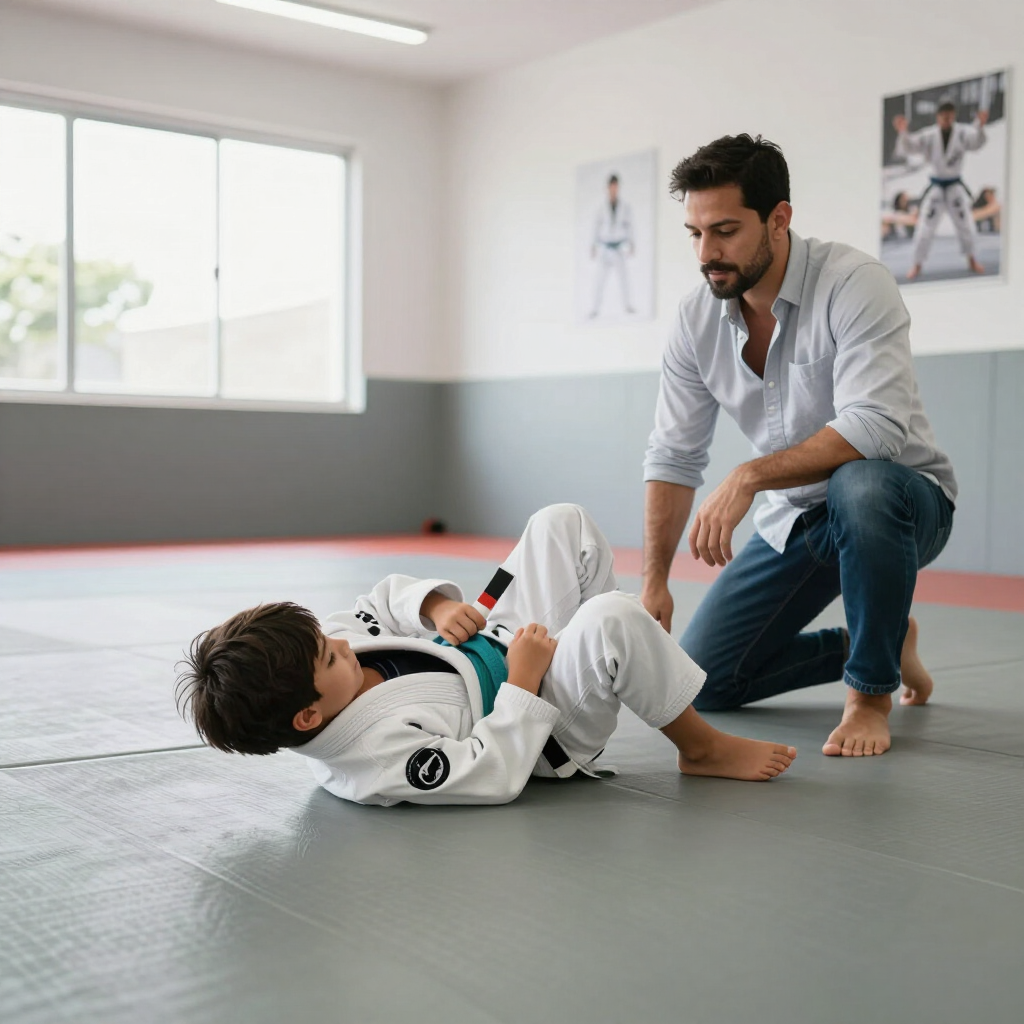 Instructor kneels beside a child practicing Brazilian jiu-jitsu on mats in a bright training room