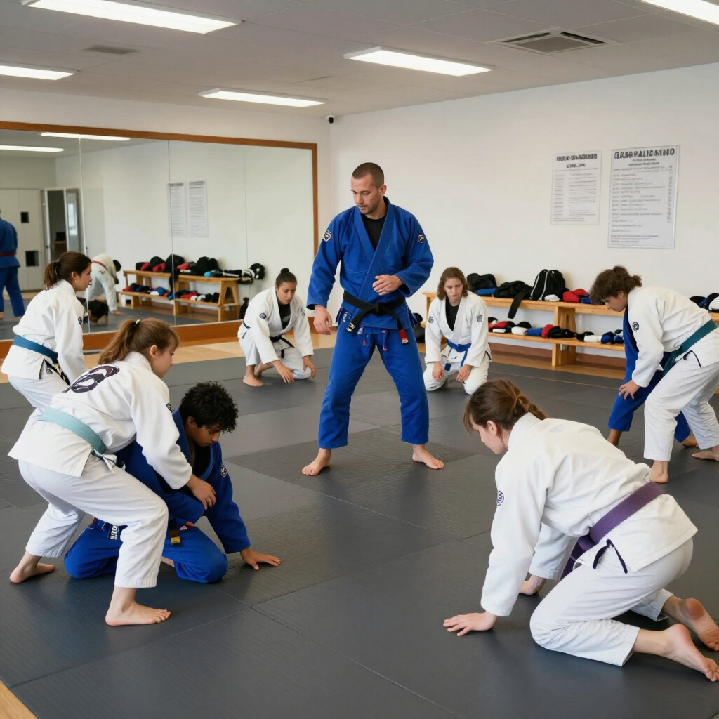 Judo class on mats, with instructor in blue guiding students in white gis during practice