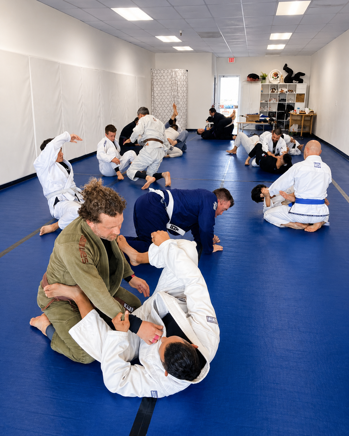 Martial arts class practicing grappling drills on blue mats in a white training room