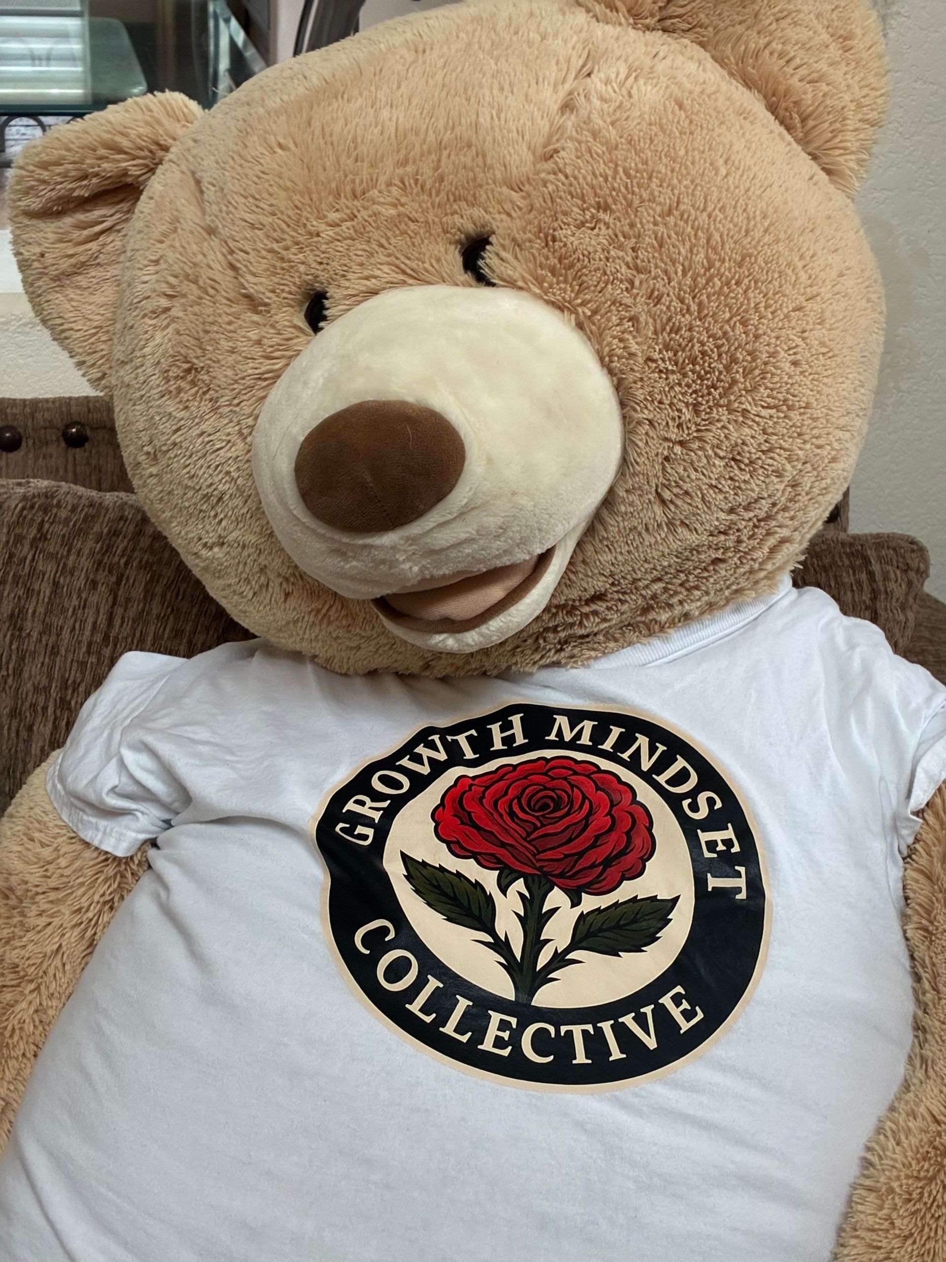 Large teddy bear in a white T-shirt with a “South Mind Collective” logo.