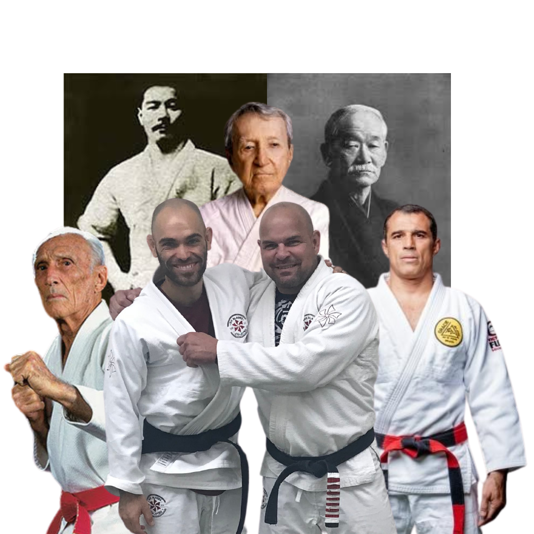 Collage of six martial artists in white gis, including a central black belt duo and historical portraits behind them