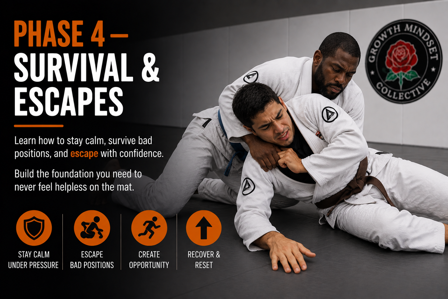 Phase 4 Survival & Escapes martial arts poster with two grapplers on a gray mat