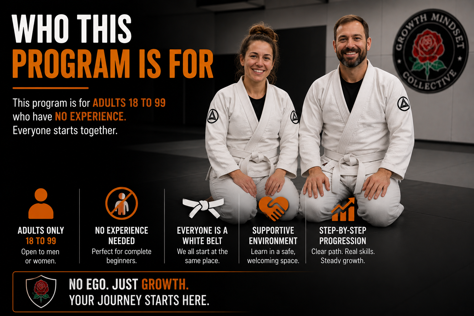 Two athletes in white gis promoting a martial arts program, with text and logos on a dark background.