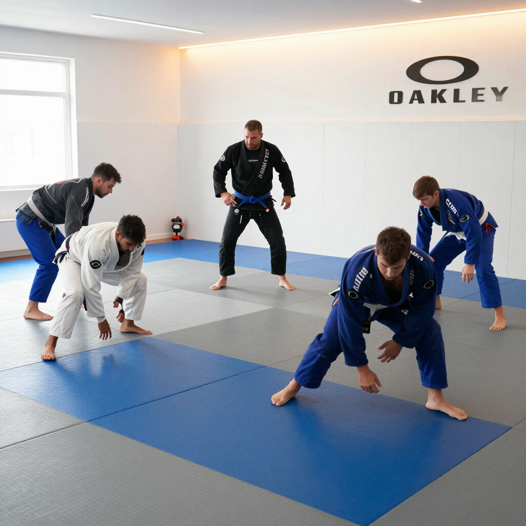 Four people practice grappling drills on blue mats in an Oakley training room.