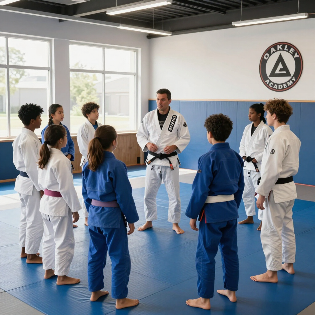 Martial arts class in a bright dojo, students in white and blue gis listen to an instructor.